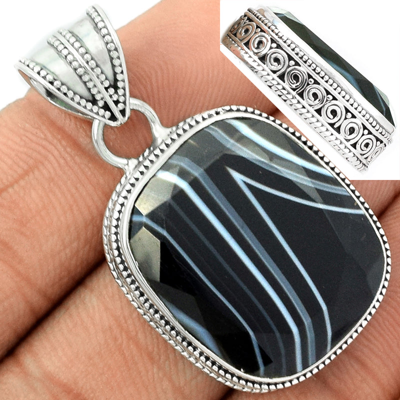 1.5" Fine Filigree - Black Banded Agate Faceted Pendants - BBFP18