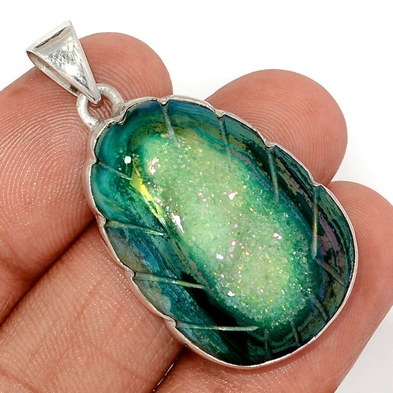 1.6" Carving Green Aura Druzy Pendants - CGAP2