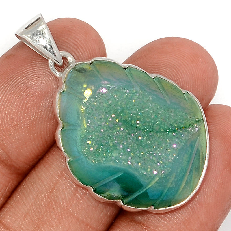 1.6" Carving Green Aura Druzy Pendants - CGAP6