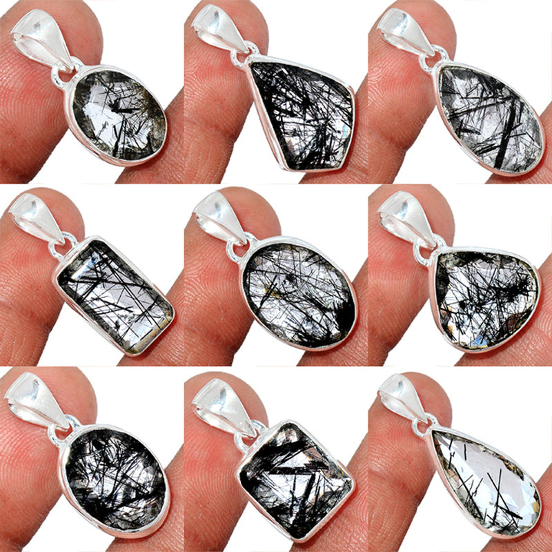 9 Pieces Mix Lot - Black Rutilated Quartz Faceted Pendants - GBRFP1