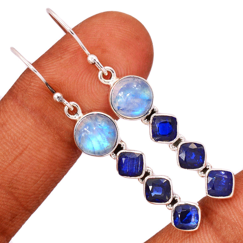 2" Rainbow Moonstone & Kyanite Faceted Earrings - MONE3484