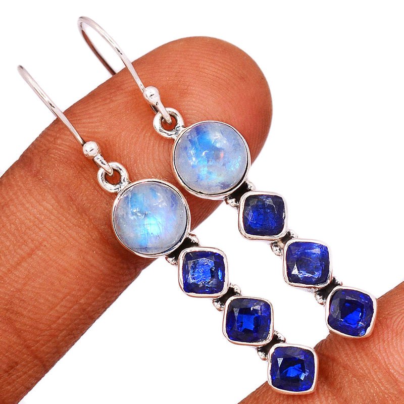 2" Rainbow Moonstone & Kyanite Faceted Earrings - MONE3489