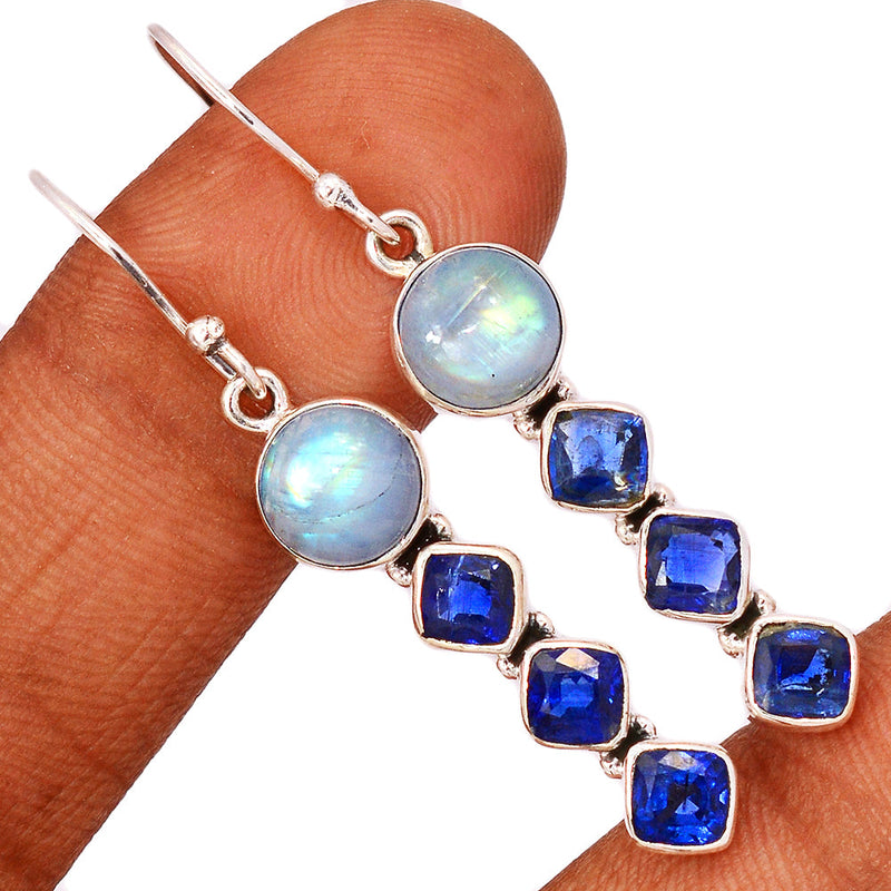 2" Rainbow Moonstone & Kyanite Faceted Earrings - MONE3493