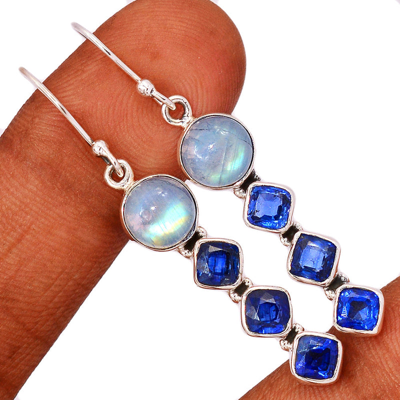 2" Rainbow Moonstone & Kyanite Faceted Earrings - MONE3502