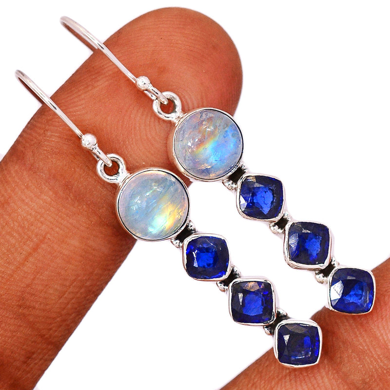 2" Rainbow Moonstone & Kyanite Faceted Earrings - MONE3503