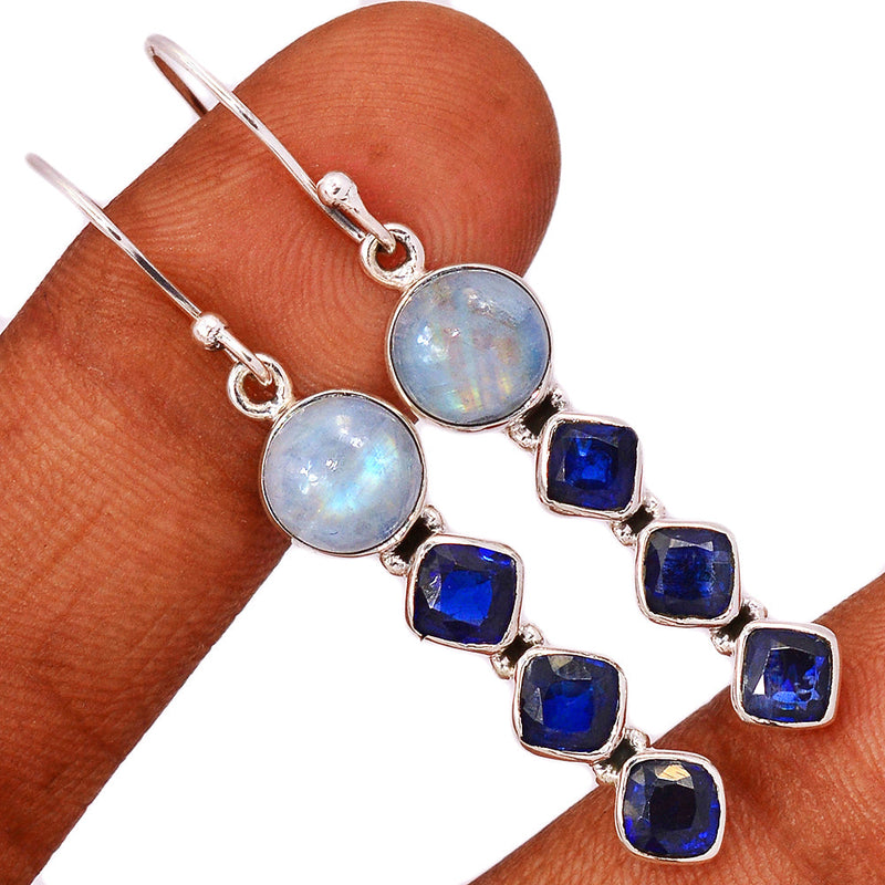 2" Rainbow Moonstone & Kyanite Faceted Earrings - MONE3507