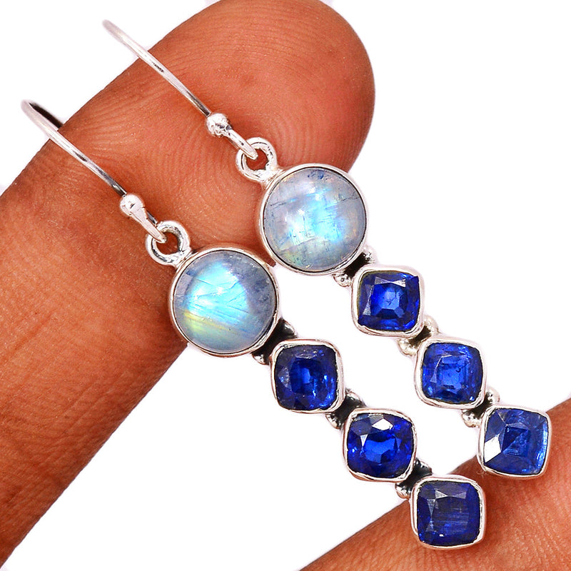 2" Rainbow Moonstone & Kyanite Faceted Earrings - MONE3513