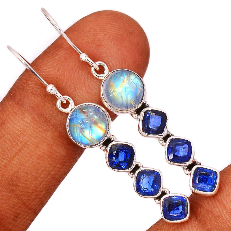 2" Rainbow Moonstone & Kyanite Faceted Earrings - MONE3515