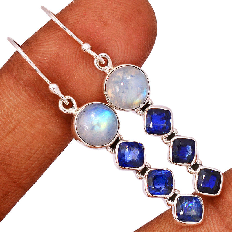 2" Rainbow Moonstone & Kyanite Faceted Earrings - MONE3517