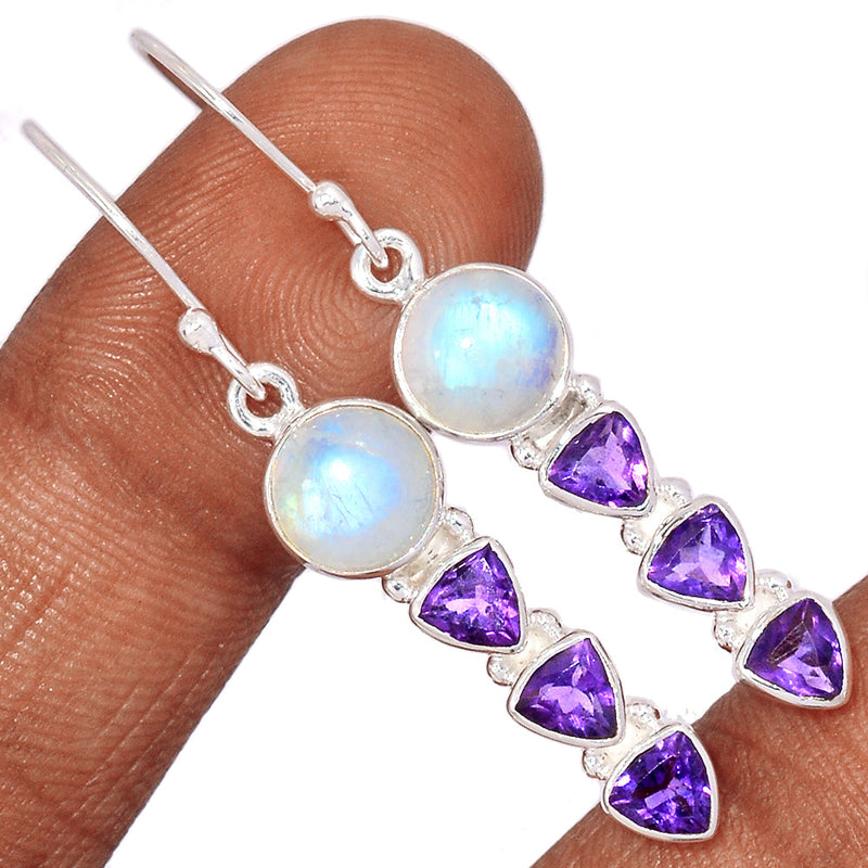 1.8" Rainbow Moonstone & Amethyst Faceted Earrings - MONE3540