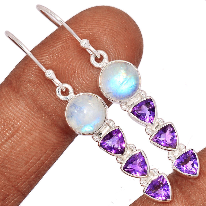 1.8" Rainbow Moonstone & Amethyst Faceted Earrings - MONE3544