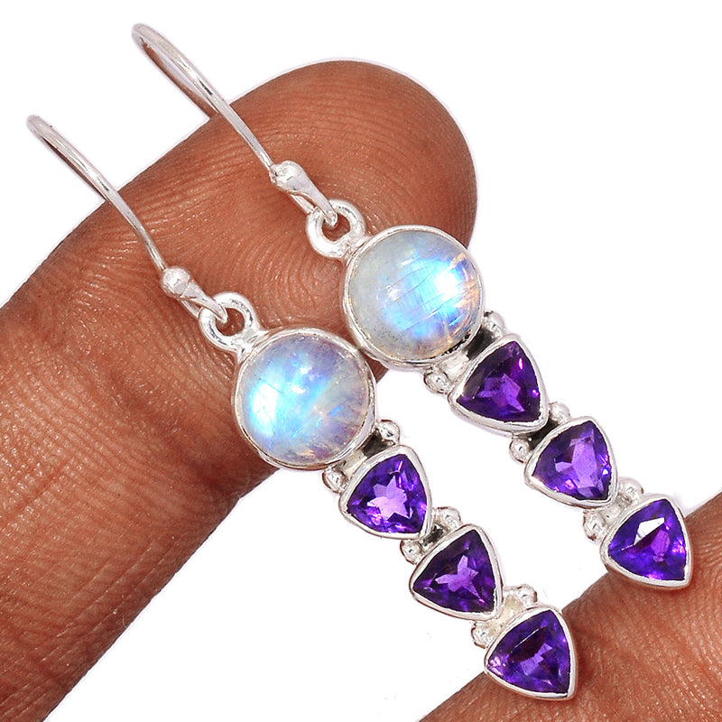 1.8" Rainbow Moonstone & Amethyst Faceted Earrings - MONE3548