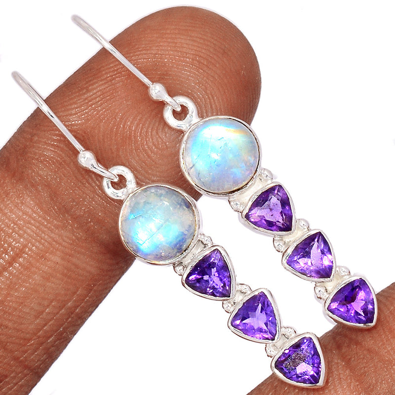 1.8" Rainbow Moonstone & Amethyst Faceted Earrings - MONE3550