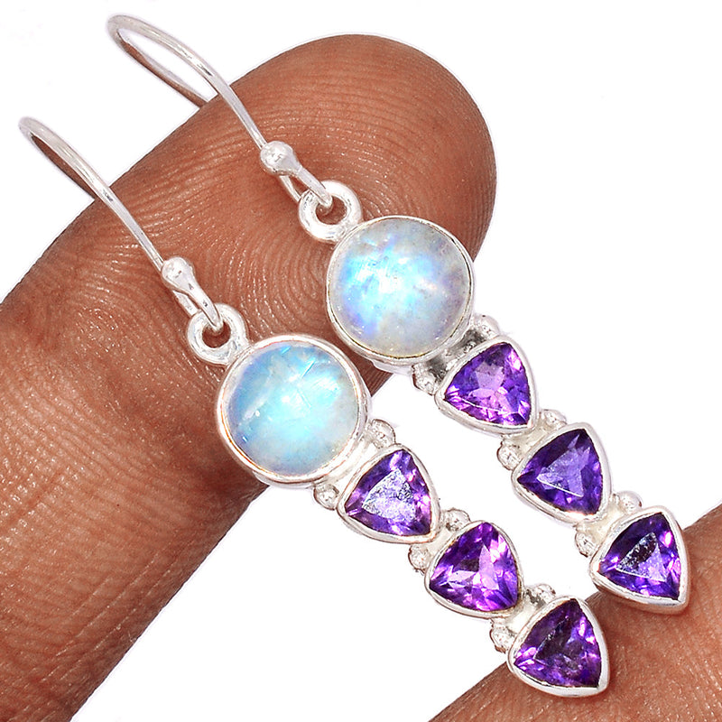 1.8" Rainbow Moonstone & Amethyst Faceted Earrings - MONE3551