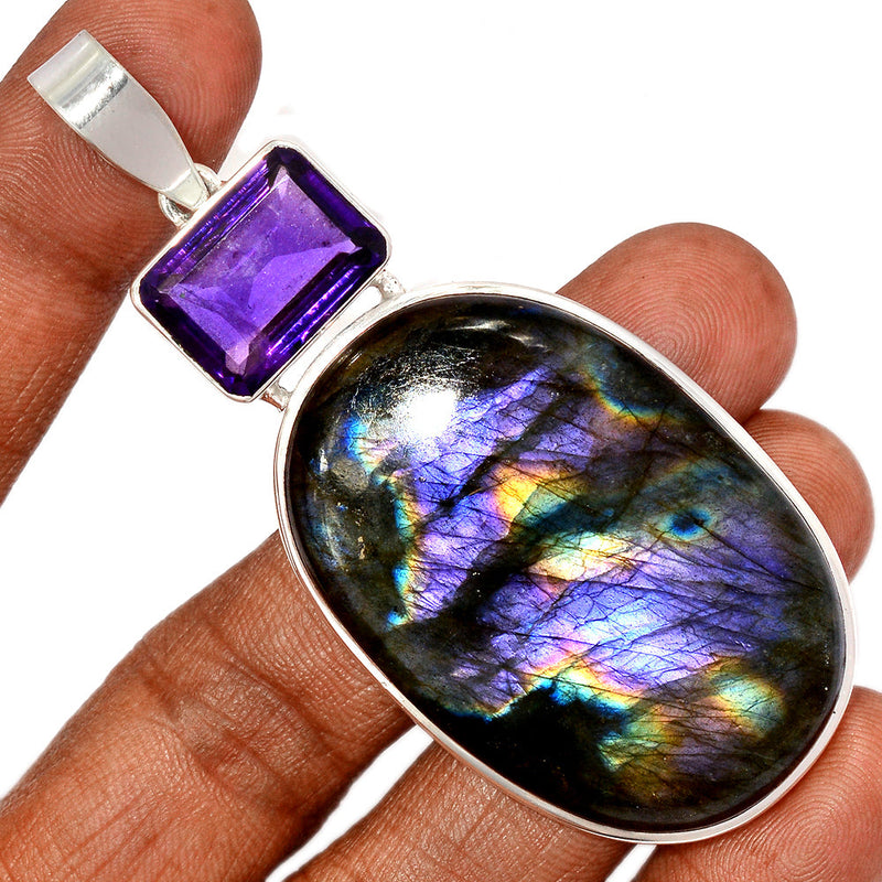 3.3" Purple Fire Labradorite & Amethyst Pendants - PFLP2466