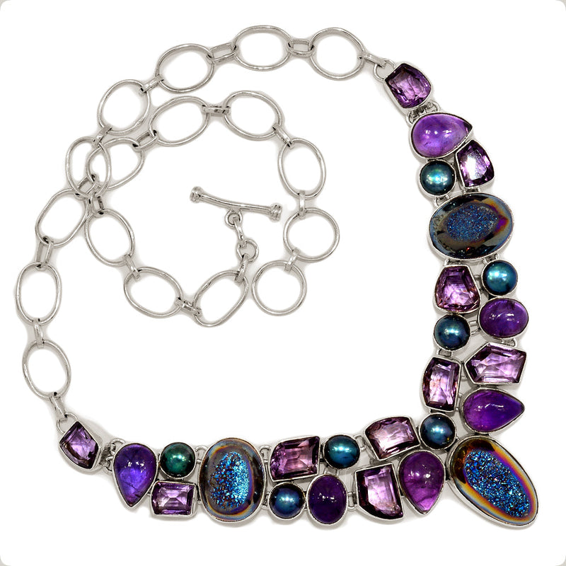 Titanium Window Druzy, Amethyst & Pearl Necklaces - TWDN6